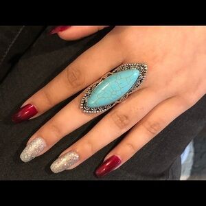 Turquoise Oval Stone Blue Long Ring Size 6